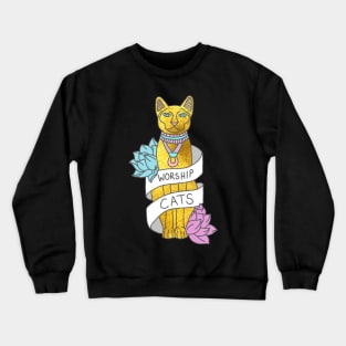 Worship Cats Kitten Sphynx Egyptian Typography Gold Meme Print Crewneck Sweatshirt